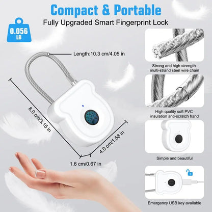 Keyless Waterproof Smart Padlock ABS Material USB Charging Fingerprint Lock Portable 0.5sec Unlock Rechargeable Padlock Drawer